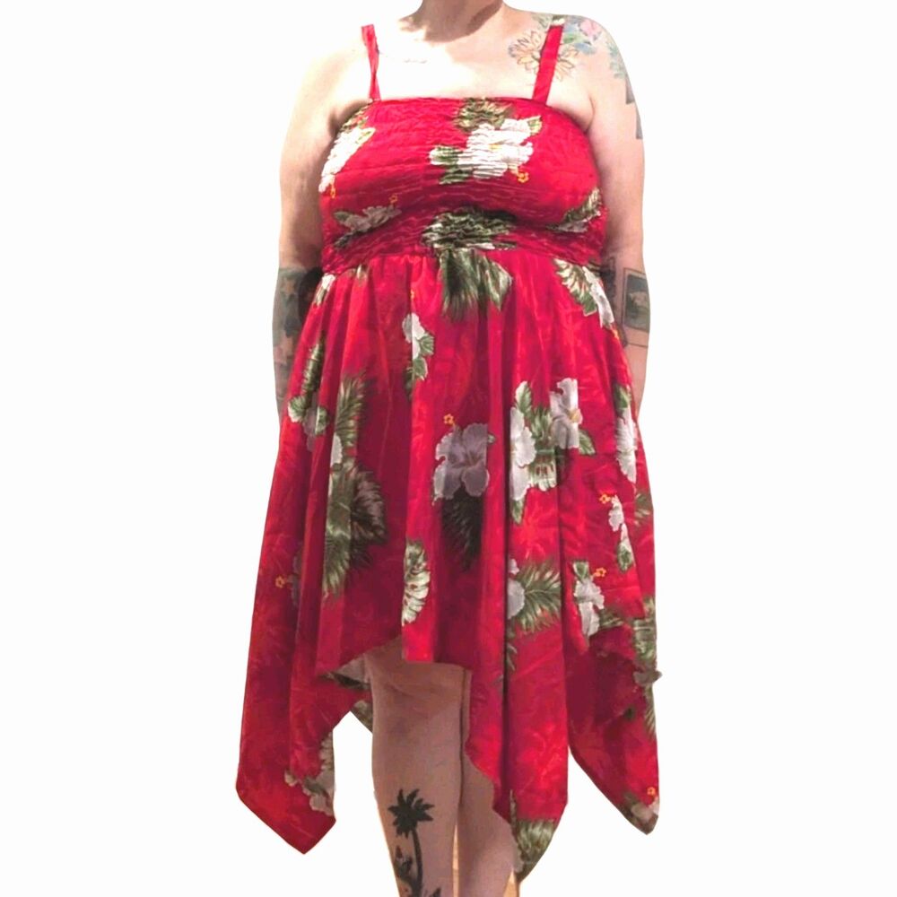 Rima Beachworld One Size Fits All Red & Floral Beach Dress Caribbean Hawaiian‎